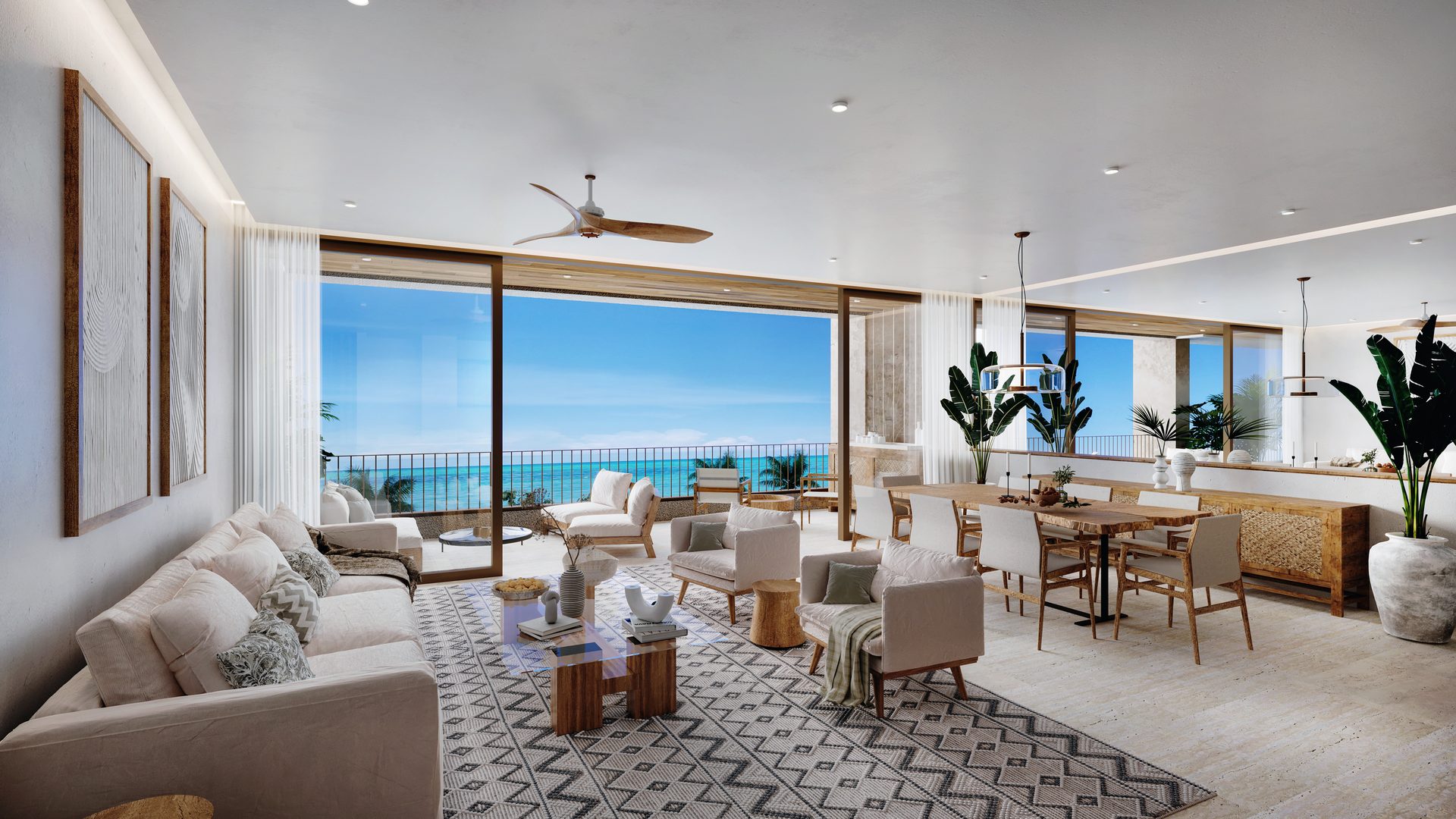 Penthouse living room render with ocean view