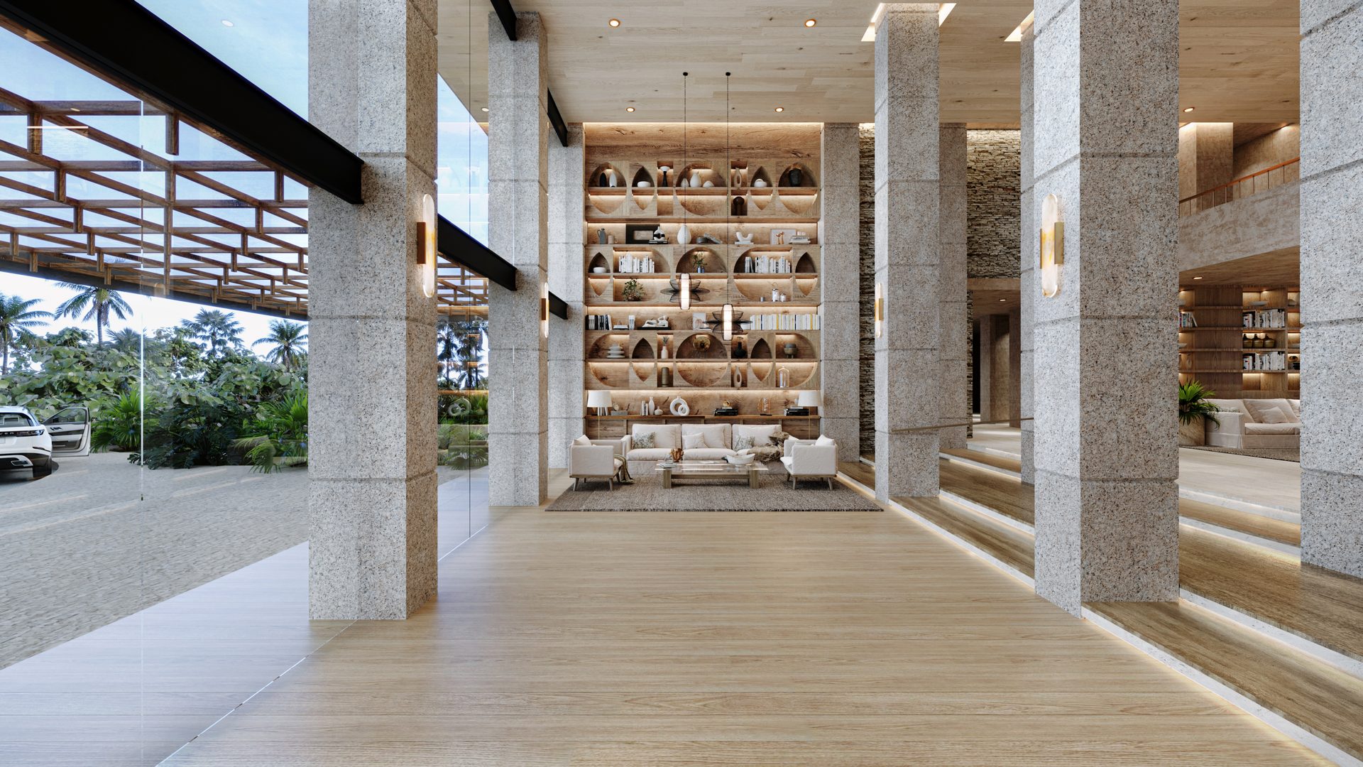 Boga Beach — grand lobby with stone columns