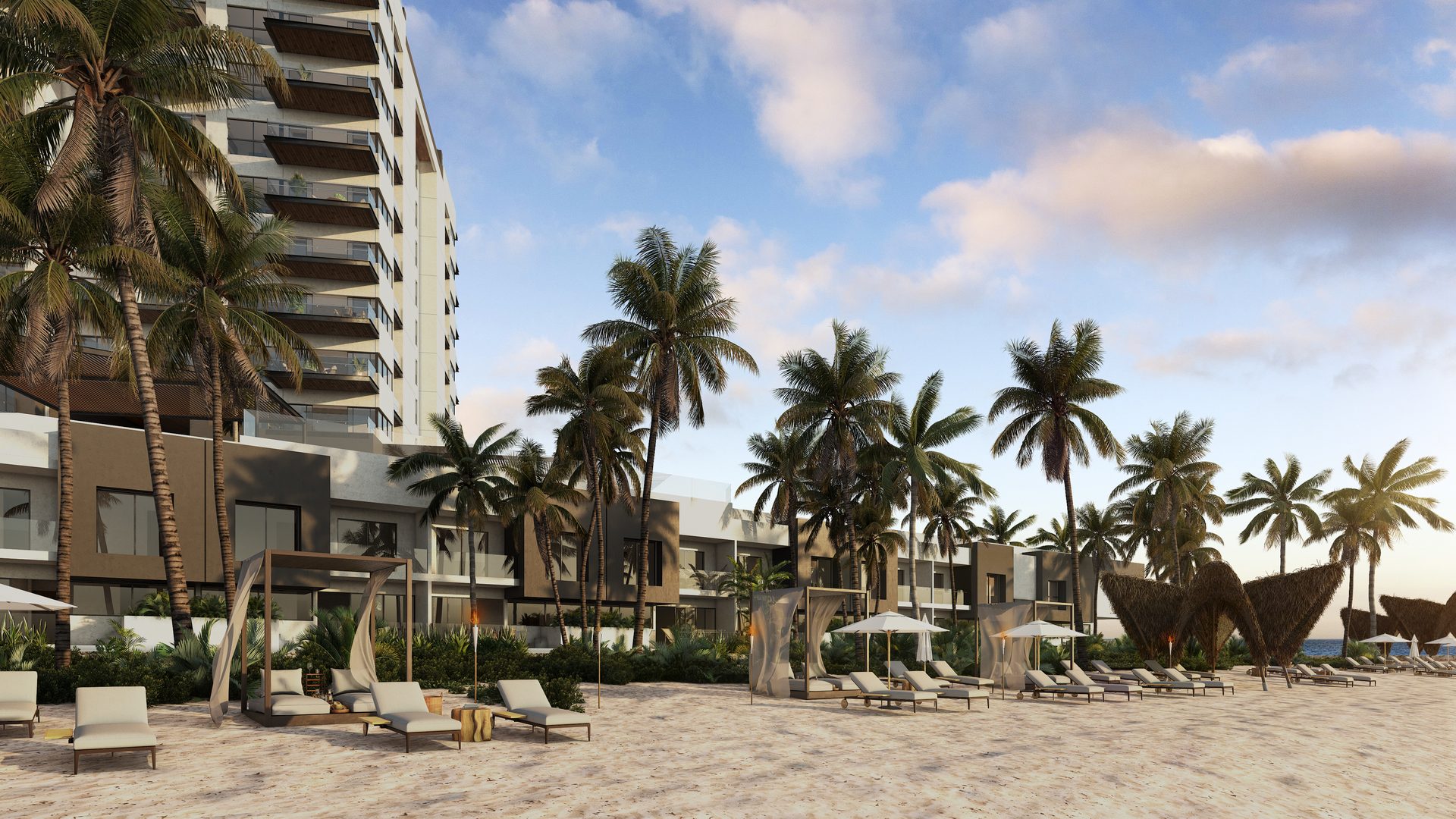 Bonanza B-707 — beachfront with palm trees and resort towers (render)
