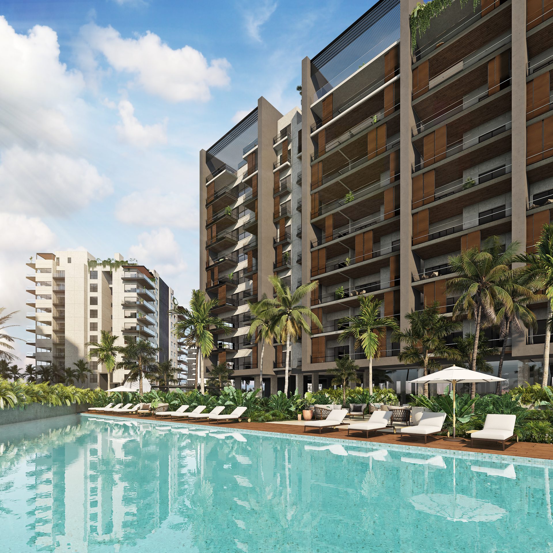 Bonanza B-707 — resort pool and club area (render)